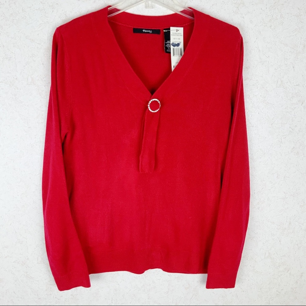 Ralsey rhinestone v neck red sweater Christmas holiday party